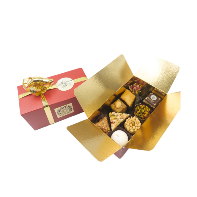 Ballotin rouge Medium Joyeuses Fêtes rempli de pâtisseries orientales Maison Oueslati